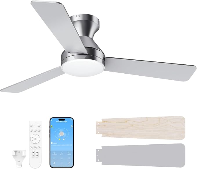 LANMEL Metal Ceiling Fan with Lights and Remote, 42 Inch, Silver | Modern Low Profile Flush Mount, Reversible, 3CCT Dimmable, Quiet, LED, For Bedroom, Living Room, Indoor/Outdoor Patio Use