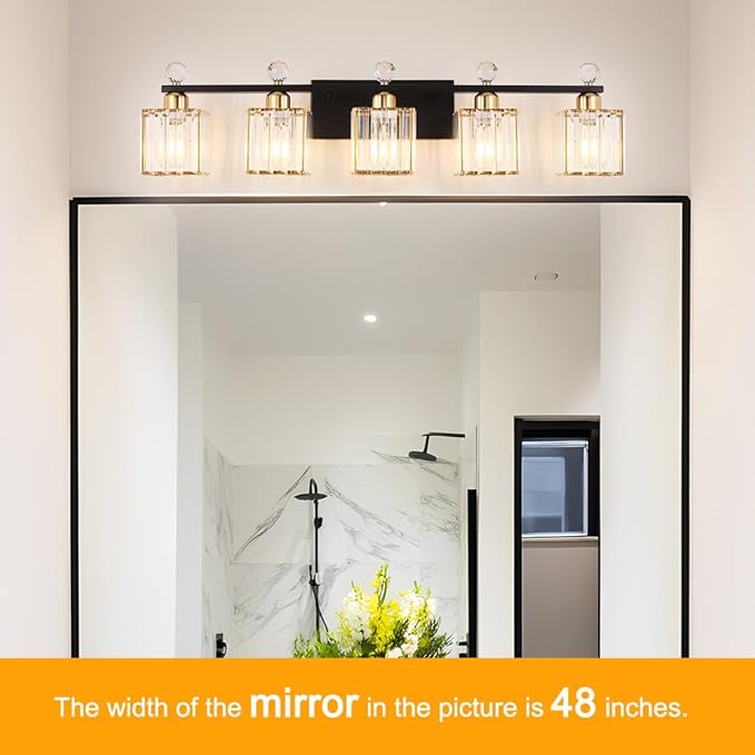 Bathroom Vanity Lights Over Mirror - Easy Installation with Clear Guide, 5-Light Shadow-Free Design, Black and Gold Crystal Finish - for Modern Home Bathroom Lighting Fixtures in DIY Projects
