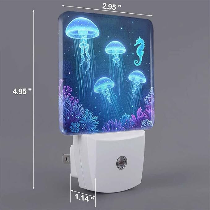Jellyfish Seahorse LED Night Lights Plug into Wall Blue Underwater World Animal 0.5W Plug in Night Light, Dusk to Dawn, Bright Nightlight Auto On/Off, for Room Bedroom Bathroom