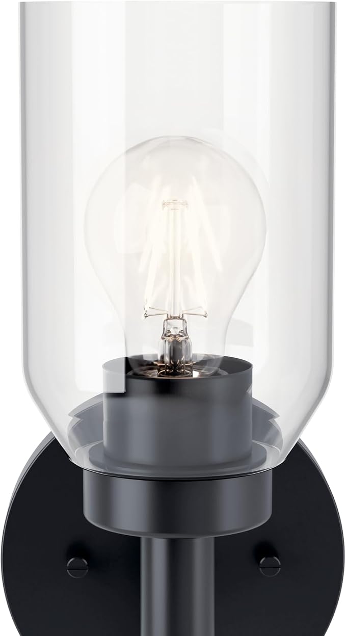 Kichler Madden 1-Light Bathroom Wall Light, Black | Modern wall light with clear glass for bathrooms and hallways (14.75" x 5"), 55183BK