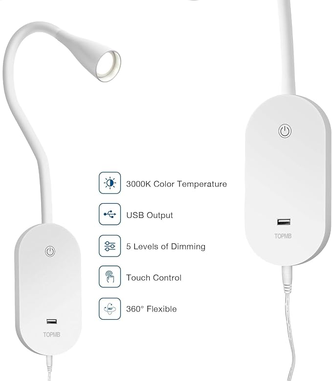 Wall Reading Light for Books in Bed, USB Output Headboard Wall Lamp,5 Dimmable Touch Control Reading Lamp,LED Warm Light Easy to Install 3000K