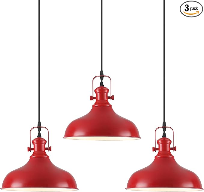 Red Farmhouse Pendant Lights, 11.4" Industrial Pendant Lighting for Kitchen Island, Kitchen Island Lighting, Island Pendant Light for Kitchen, Barn, Dining Room, 3 Pack