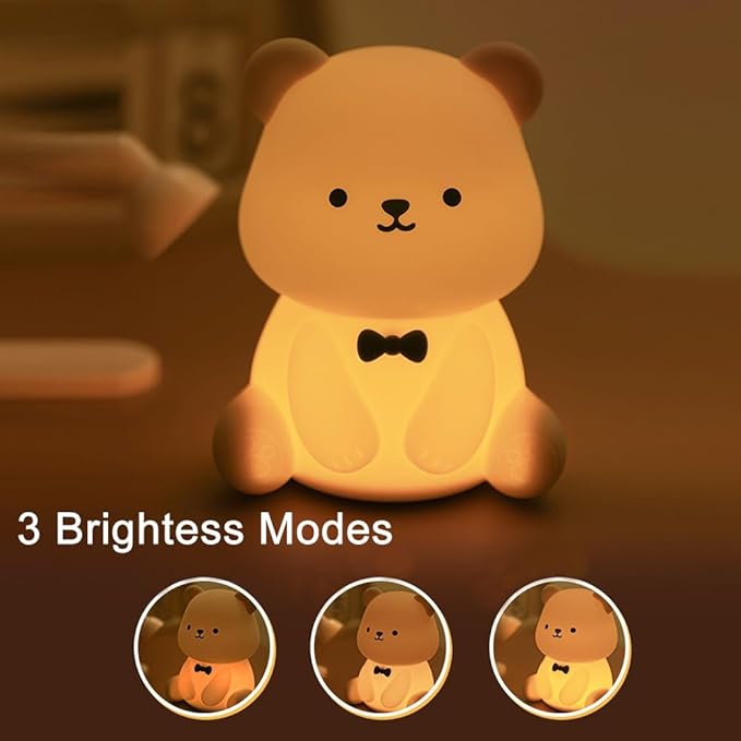 Cute Bear Night Light - 30min Auto-off Kids Toddler Nursery Bedside Nightlight, 3 Brightness 6 Light Colors Night Lamp for Bedroom, Birthday, Valentine’s Day Gift for Her Girls Boys, White