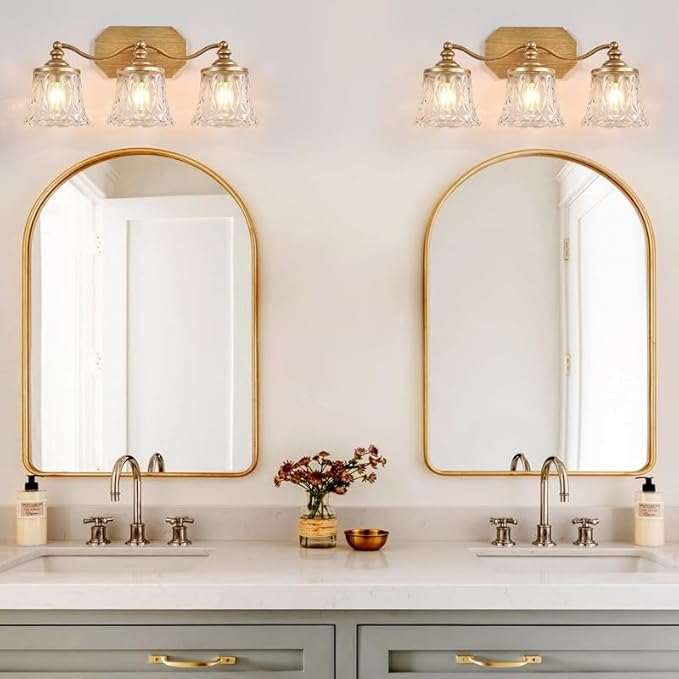 maesta Gold Bathroom Light Fixtures, 3 Light Bathroom Vanity Light, Matte Antique Gold Finish with Crystal Glass Shade, Gold Vintage Vanity Light for Bathroom, Living Room, Bedroom, Hallway
