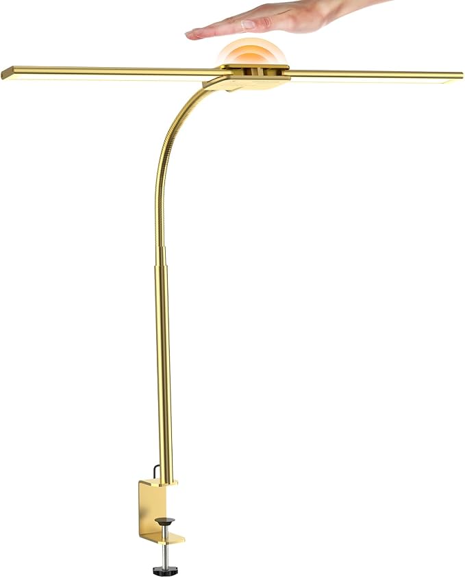 Syrinx LED Desk Lamp for Office Home, Dual Head Eye-Care Architect Lamp | Gesture/Wired Control, Flexible Neck, Bright Desk Light with Memory/Timer, 50 Lighting Modes for Study, Drafting, Gold
