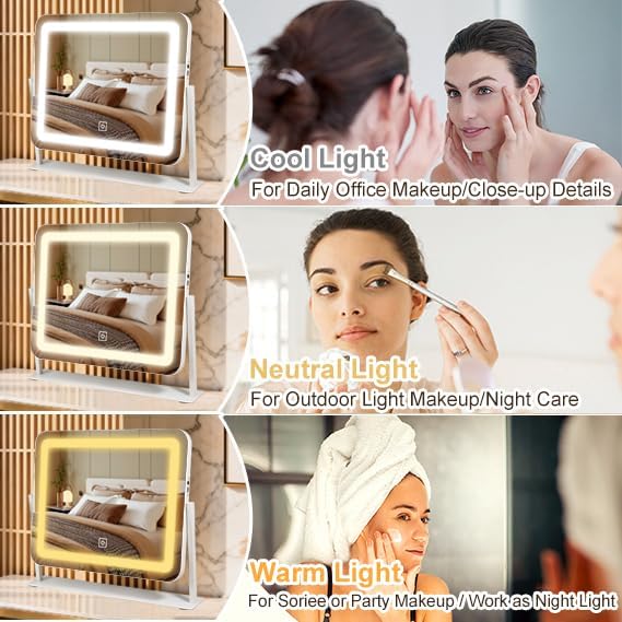 YEKKOPT 16"x20" Desk Makeup Vanity Mirror with Lights - Smart Touch Control, Dimmable Light (3 Modes), for Makeup Desk, Bedroom, Dressing Room