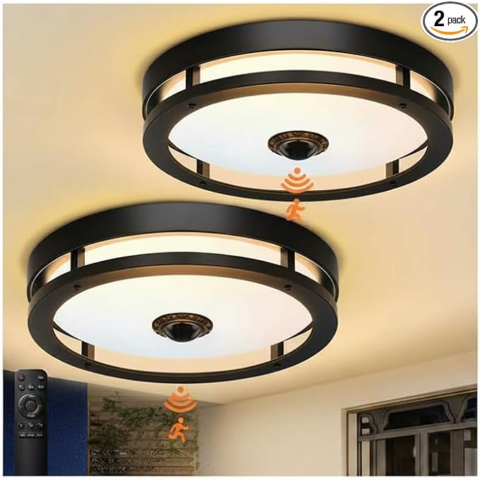 Outdoor Motion Sensor Ceiling Light with Remote, Tunable White Exterior Flush Mount Ceiling Lights, 12" Outdoor Porch Light Fixture for Garage, Entryway, Patio, 2 Pack