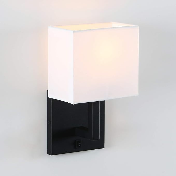 PERMO Single Wall Sconce Black Finish Light Fixture with White Textile Shades and On/Off Switch Button Small Modern Nightstand Lamps for Bedrooms Bedside Reading