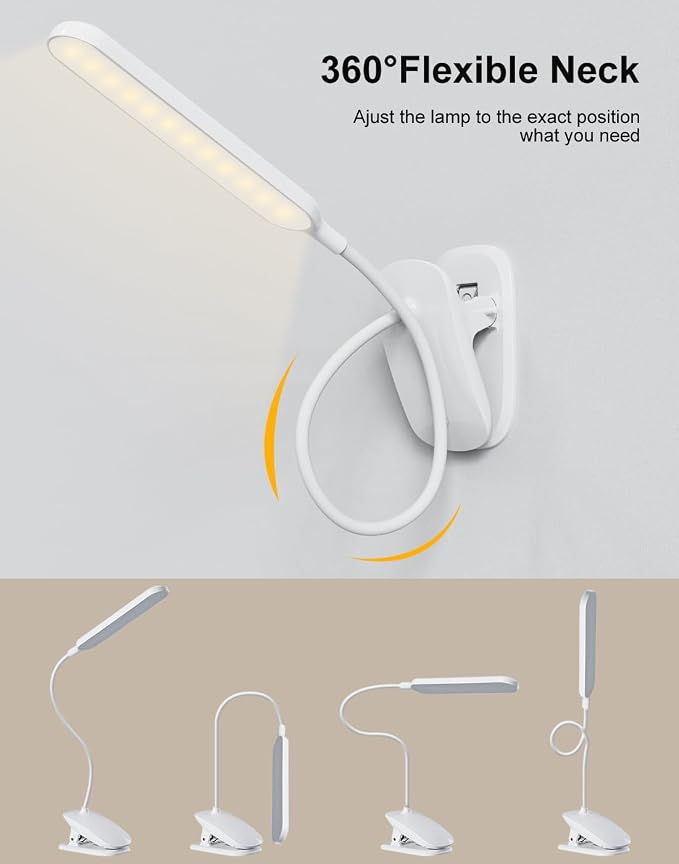 Desk Lamp, Table Lamp 1500mAh Dimmable Reading Lamp with Clamp and Type-C Charging Port, Desk Light for Home Office Reading Working Studying Gooseneck Adjustable Flexible - White