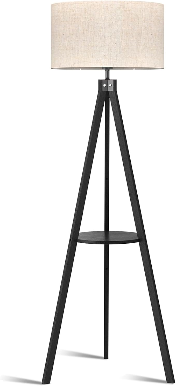 LEPOWER Shelf Floor Lamp Tripod Mid Century Modern Lamps for Living Room | Light-Diffusing Linen Shade, Premium Rubberwood, E26 Base, Foot Switch, Adding Warmth to Bedroom, Office & Study Corner Black