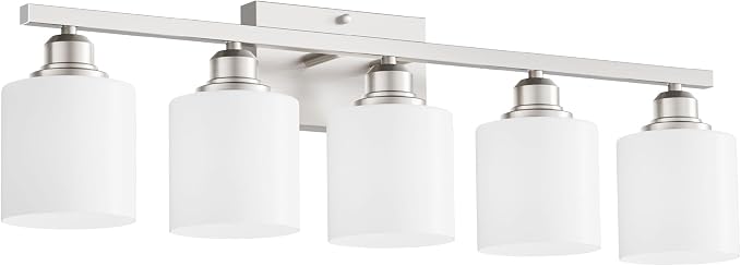 5-Light Bathroom Light Fixture, Brushed Nickel Vanity Lights Over Mirror, Anti-Rust, White Glass Shades, E26 Base, Bulb Not Included