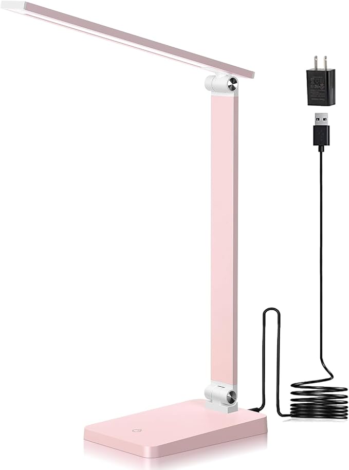 LED Desk Lamp for Home Office, 3 Levels Dimmable Desk Light with USB Charging Port, Reading Lamp for Table Study Work Office Nail Craft Puzzle, Pink, 5000K