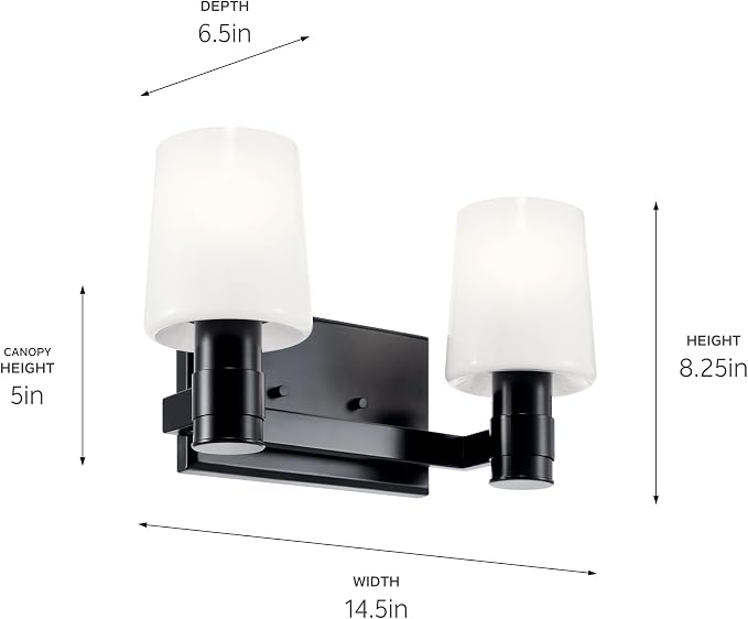 Kichler Adani 2-Light Bathroom Vanity Light, Black | Modern vanity light with opal glass for bathrooms and powder rooms (14.5" x 8.25"), 55175BK