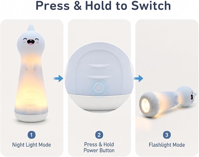 ShaArkMango Flashlight with Night Light for Kids Rechargeable LED Dimmable Nightlight Toddler Bed Room Glow in Dark Handheld Emergency Flashlight for Nursery Traveling Nighttime Use