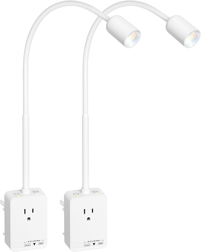 Plug in LED Spot Wall Lamps for Reading, 2 Pack White Flexible LED Book Reading Lights with Power Plug and Outlet Extender for Kitchen Bedroom, 3 Color Temperature, USB Charging Ports