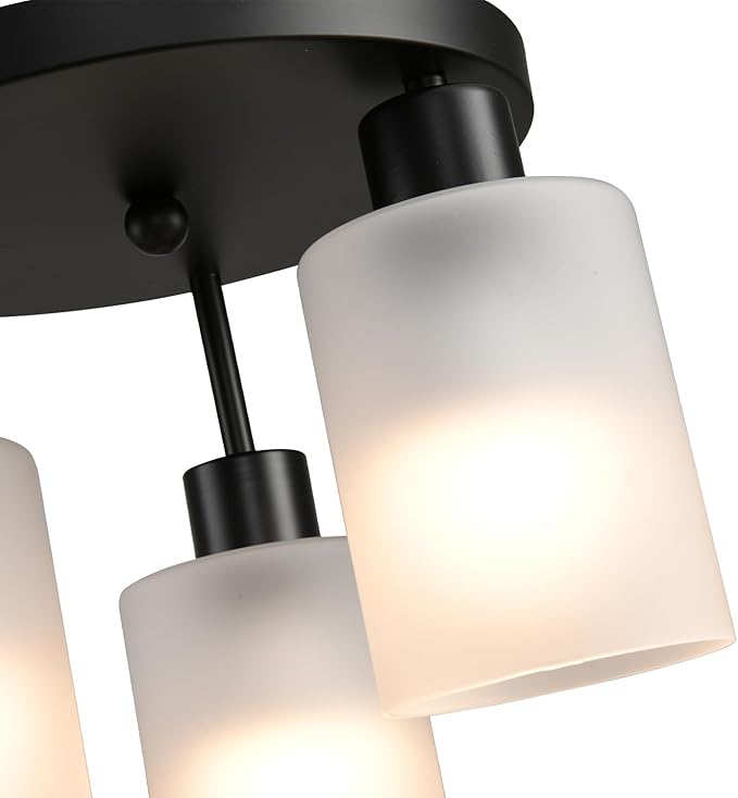3-Light Industrial Farmhouse Black Matte Light Fixtures Ceiling Mount, with Frosted Glass Shades Semi Flush Mount Ceiling Light, for Hallway Fixtures Kitchen, Foyer