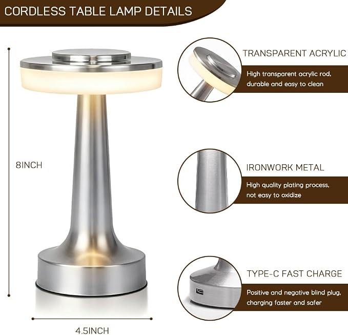 JHPGEOE Cordless Metal Desk Lamp, Touch Sensor Control LED Table Lamp,3 Color Stepless Dimmable Battery Powered Lamp for Living Room, Dorm, Home Office (Silver)