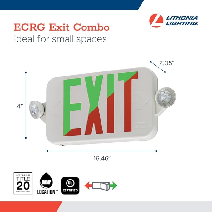 Lithonia Lighting Basics LED Exit Sign/Emergency Light Combo, Red/Green Switchable Exit Sign and Emergency Lights for Business, 2-Head Fixture, Round Lights, Remote Capacity, White (ECRG HO RD M6)