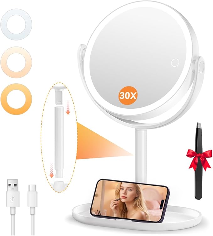 Auxmir Makeup Mirror with Lights, Double Sided 30X/1X Magnifying Mirror with Light, 3 Color Stepless Dimmable with Touch Screen, Rechargeable 360° Free Standing Vanity Mirrors for Bathroom, Bedroom