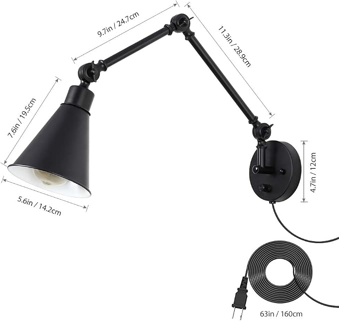 CADUKE Swing Arm Wall Lamp for Bedroom, Set of 2 Plug in Wall Light Fixture with Dimmable Switch, Industrial Metal Black Wall Reading Sconce for Living Room Farmhouse Hallway