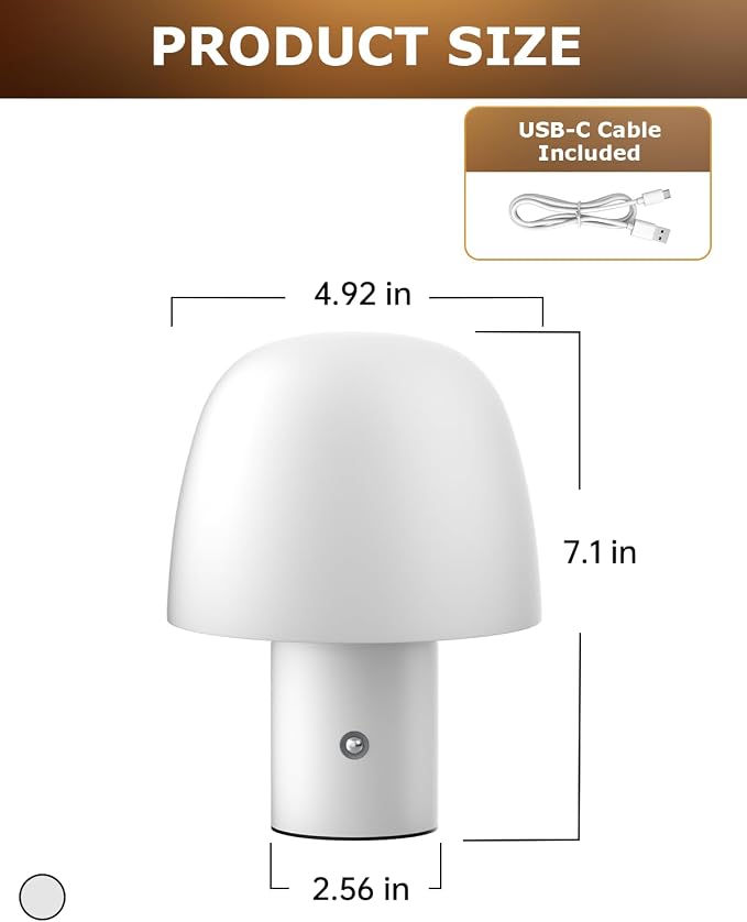 CHLORANTHUS Portable LED Table Lamp, Cordless Desk Lamp Rechargeable, 3-Color Touch Stepless Dimming Night Light for Bedroom/Children's Room/Terrace/Dining Room/Cafe (White)