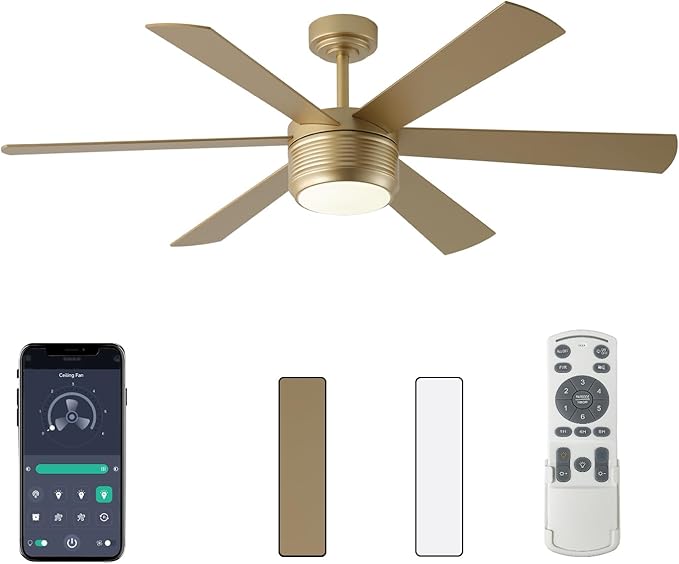 SHOWDI Ceiling Fan with Lights and Remote, 6 Blade App Control Timer Reversible Stepless Brightness and Color Temperature Outdoor Wood Ceiling Fan with Lights (Gold, 56 Inch)