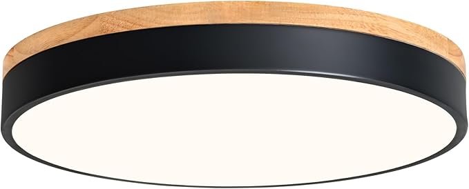 WOKNOS Modern Dimmable LED Close to Ceiling Light Minimalist Wood Oak Flush Mount Ceiling Light Fixture Circle Lighting for Bedroom Living Room Bathroom Laundry Room (Black, 15.7'')
