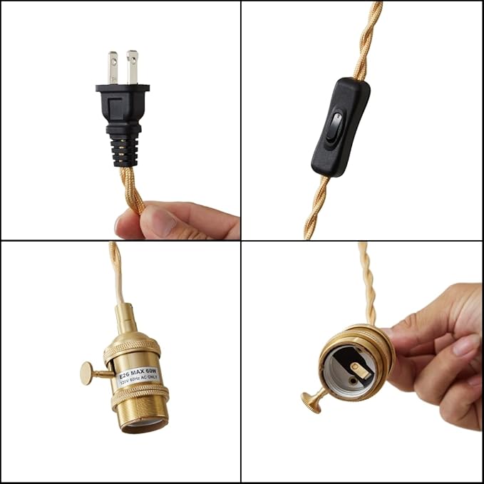 Plug in Pendant Light - Farmhouse Style Hanging Lamp Cord with Switch and Brass Fixtures - 15 ft