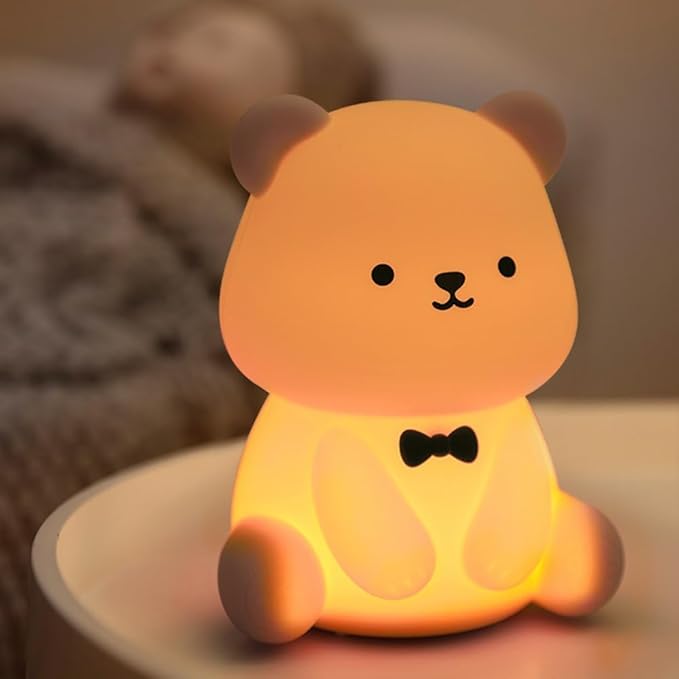 Cute Bear Night Light - 30min Auto-off Kids Toddler Nursery Bedside Nightlight, 3 Brightness 6 Light Colors Night Lamp for Bedroom, Birthday, Valentine’s Day Gift for Her Girls Boys, White