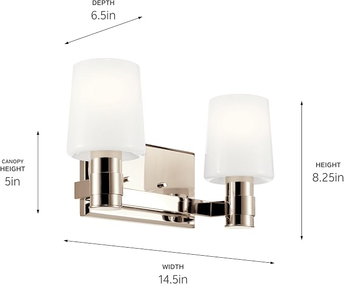 Kichler Adani 2-Light Bathroom Vanity Light, Polished Nickel | Modern vanity light with opal glass for bathrooms and powder rooms (14.5" x 8.25"), 55175PN