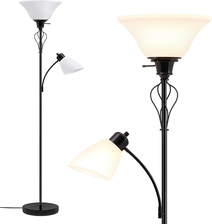 Floor Lamps for Living Room, 70" Tall Torchiere Floor Lamps, Plastic Shade | Tall Lamp with Adjustable Gooseneck Reading Light, Modern Corner Standing Lamp for Bedroom, Office, Separate On/Off Switch