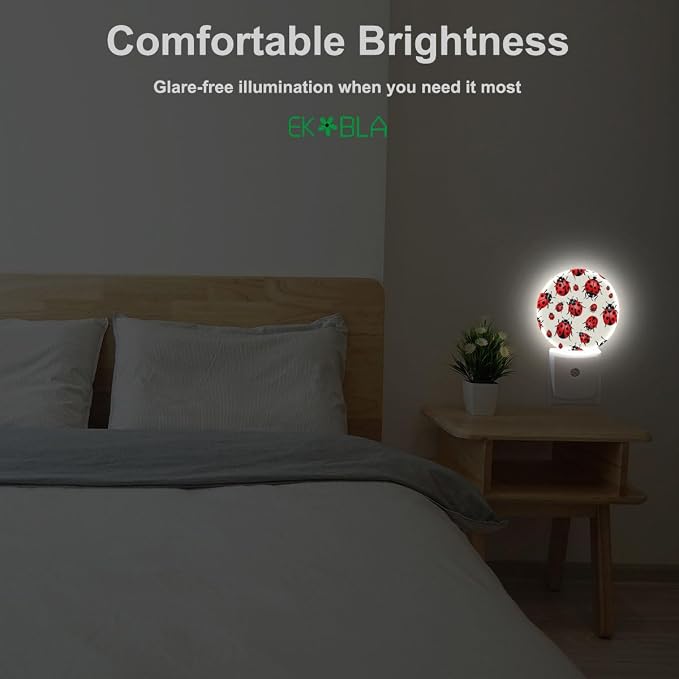 EKOBLA Cute Ladybug Night Light, Red Black Dots Ladybugs with Dusk to Dawn Light Sensors, Warm Nightlights for Bedroom, Bathroom, Hallway, Kitchen