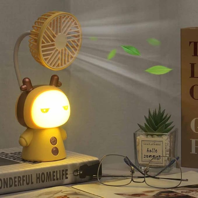 Mini Handheld Fan Cartoon Portable Fan with Night Light USB Rechargeable Battery Operated Folding Small Fan for Home Kids Children Table Study Desk Lamp LED Light (Yellow)