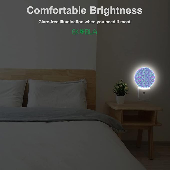 EKOBLA Mermaid Scales Night Light, Pink Purple and Blue Fish Scales Night Lights Plug Into Wall with Dusk to Dawn Sensor, Warm Nightlights for Bedroom, Bathroom, Hallway
