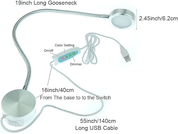 QUANS 3 Color Changeable 10 Level Dimmable Flexible Gooseneck Wall Mount Mounted Bedside Reading LED Light Lamp with USB Port Silver