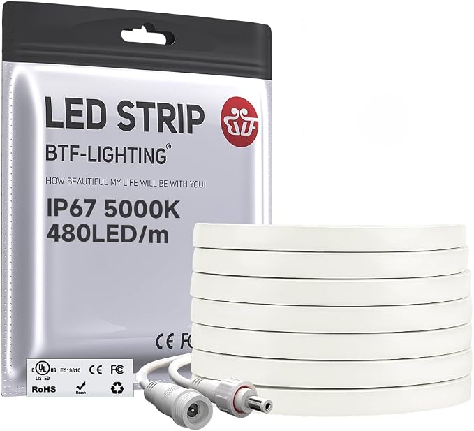 BTF-LIGHTING COB LED Strip Light, UL Listed Diffused Neon Light Daylight White 5000K, IP67 Waterproof 16.4FT DC12V 10mm Width LED Light for Home Indoor DIY Lighting(No Adhesive, Adapter & Controller)