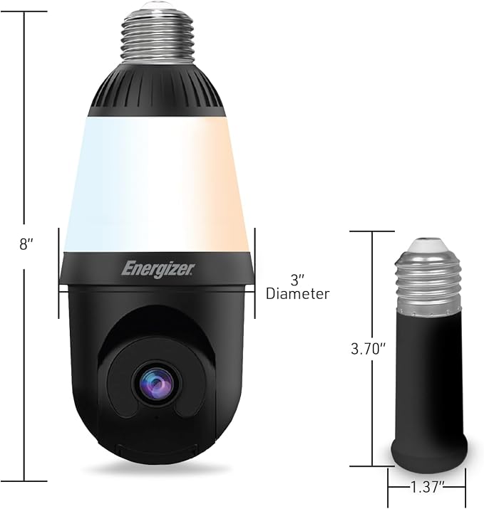 Energizer Smart 2K Light Bulb Security Camera, 1000 Lumens LED Light, 5G&2.4G Wi-Fi Outdoor Socket Camera, Pan Tilt Auto Tracking, (Black, App Enabled Smart Detections)