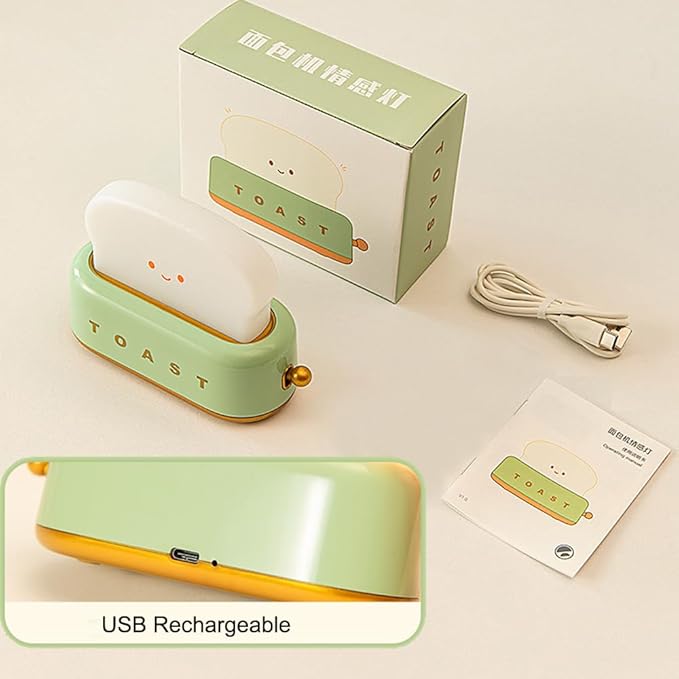 Cute Toaster Night Light, Dimmable Bread Night Lamp USB Rechargeable, Auto-off Bedside Sleep Lamp, Office Study Room Home Desk Ornament, Birthday Gifts for Girls, Boys, Teens, Friends