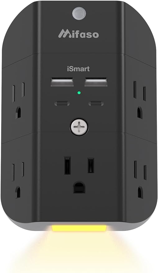 Surge Protector Outlet Extender with Night Light, 5-Outlet Splitter and 4 USB Ports (2 USB C Charger), Multi Plug Wall Outlet for Home, Dorm Room Essentials