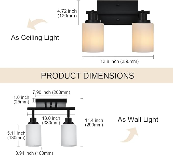 Wall Sconce Track Lighting Kit, 2-Lights Wall Mounted Light Fixtures in Black Finish, Ceiling Spotlight with Opal White Glass for Bedroom Cloakroom