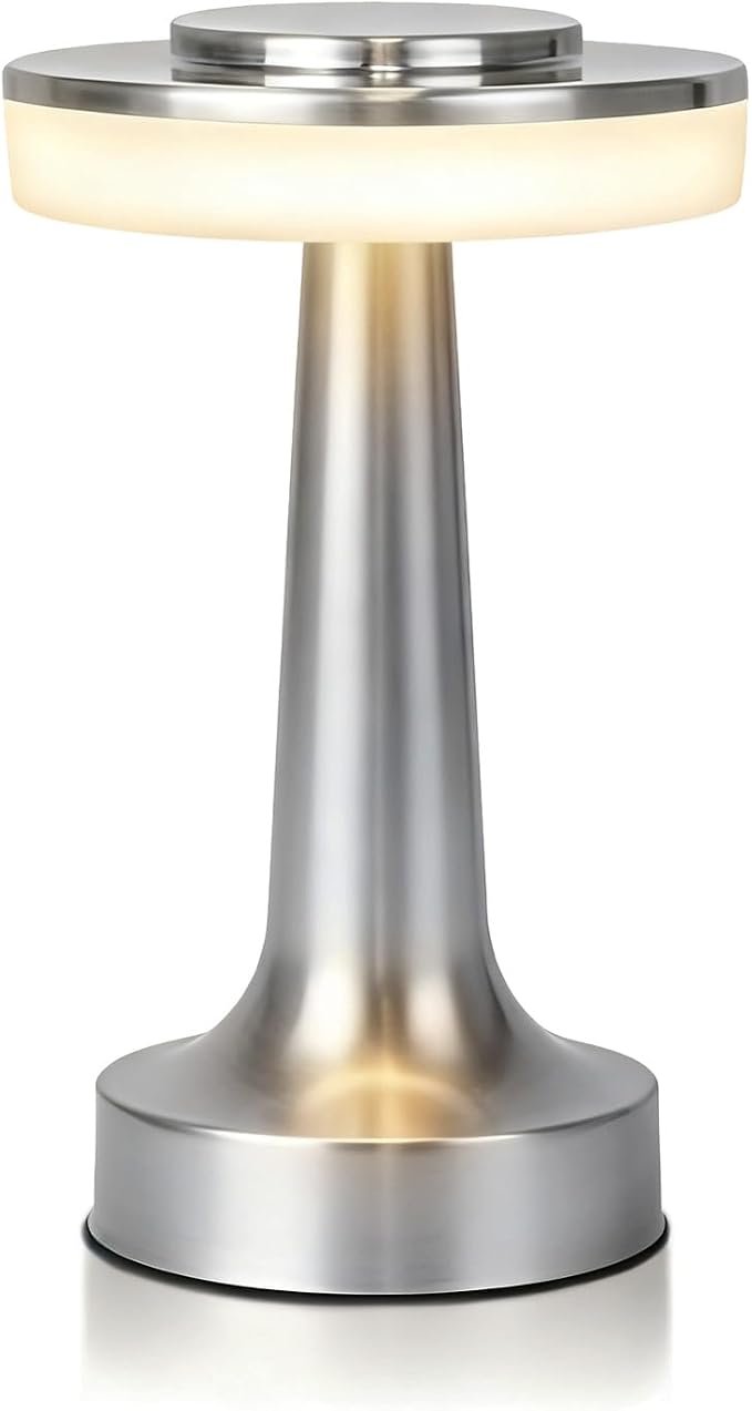 JHPGEOE Cordless Metal Desk Lamp, Touch Sensor Control LED Table Lamp,3 Color Stepless Dimmable Battery Powered Lamp for Living Room, Dorm, Home Office (Silver)