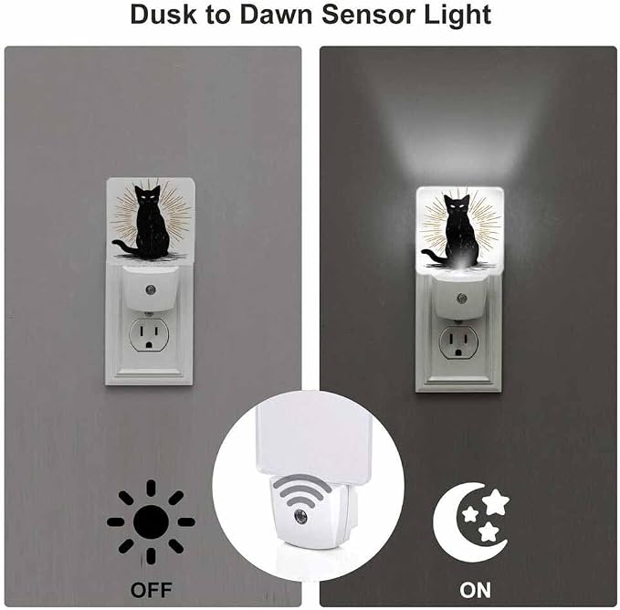 Cat LED Night Lights Plug into Wall Black Hand Drawn Halloween Icon 0.5W Plug in Night Light, Dusk to Dawn, Bright Nightlight Auto On/Off, for Room Bedroom Bathroom