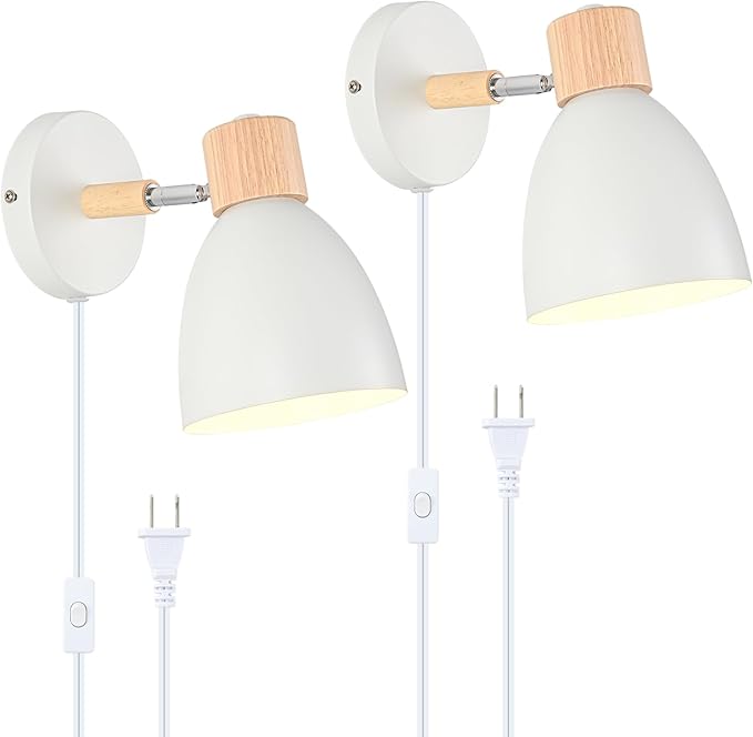 Wall Sconces Plug in, Swing Arm Wall Lamp with Power Cord, White Plug in Wall Lighting Fixtures Set of Two, Bedside Wall Mounted Reading Lamp with Switch, for Bedside Bedroom Hallway