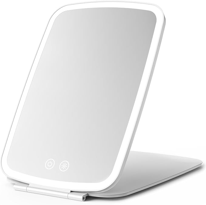 Rechargeable Folding Makeup Mirror with LED Lights, 10" x 7" Large Travel Mirror, 3 Lighting Modes, 2000mAh Battery & Magnetic Closure