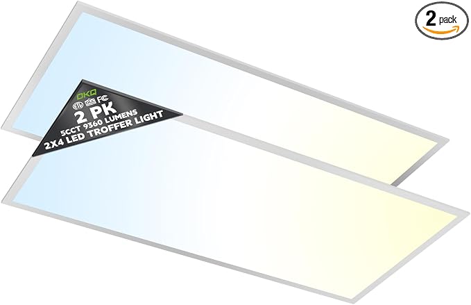 OKQ 2x4 LED Flat Panel Light Drop Ceiling Office Fixture, 5 CCT 3000K-6500K Adjustable & 5 Wattage Selectable,0-10V Dimmable, 2X4 LED Flush Mount Ceiling Light, ETL Listed 2Pack