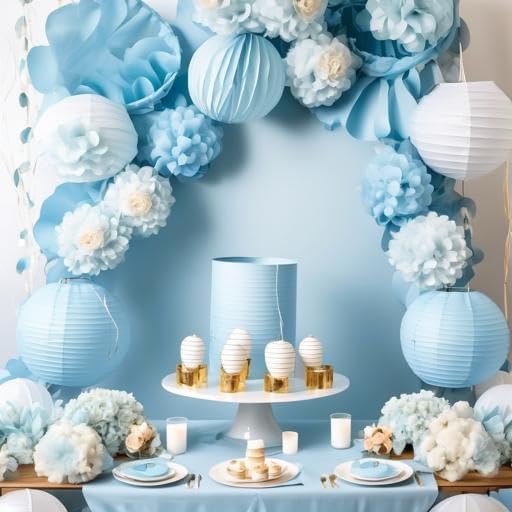 Pack Of 3 Round Paper Lanterns Lamp Wedding Birthday Party Decoration (Baby Blue, 18"/45CM)
