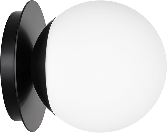 1 Pack Matte Black Wall Sconce, Modern Bathroom Sconce with Milky Globe Glass, Wall Light for Bathroom Mirror, Living Room, Hallway (Bulb Not Included)