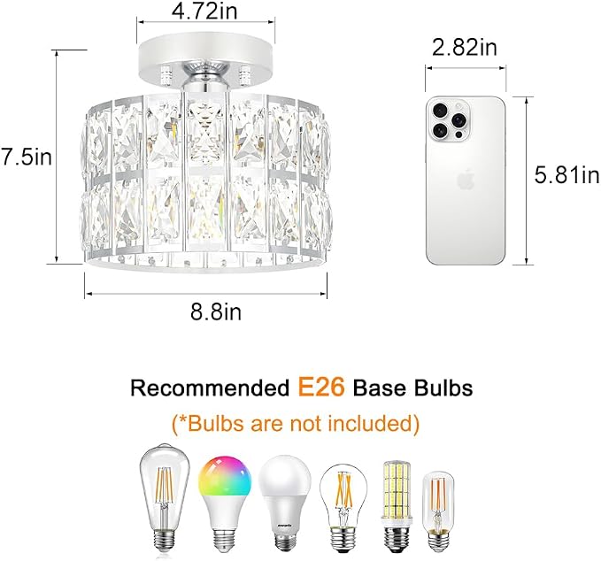 Lxybcce Crystal Ceiling Light Fixture, Modern Chrome Crystal Chandelier, Small Semi Flush Mount Ceiling Lighting, Round Hallway Lighting for Kitchen Entryway Bedroom Bathroom, 1-Light, 8.8 Inch