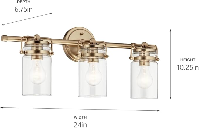 Kichler, Brinley 24" 3 Light Vanity Light with Clear Glass in Champagne Bronze for Bathroom and Powder Room, (24" W x 10.25" H), 45689CPZ