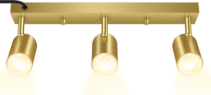 Plug-in Track Light Fixtures Ceiling Kit, 3 Head Track Lighting with 15ft Power Cord, GU10 Base 35W Max, Adjustable Spotlight for Kitchen, Bedroom, Office, Hallway, Gold Finish